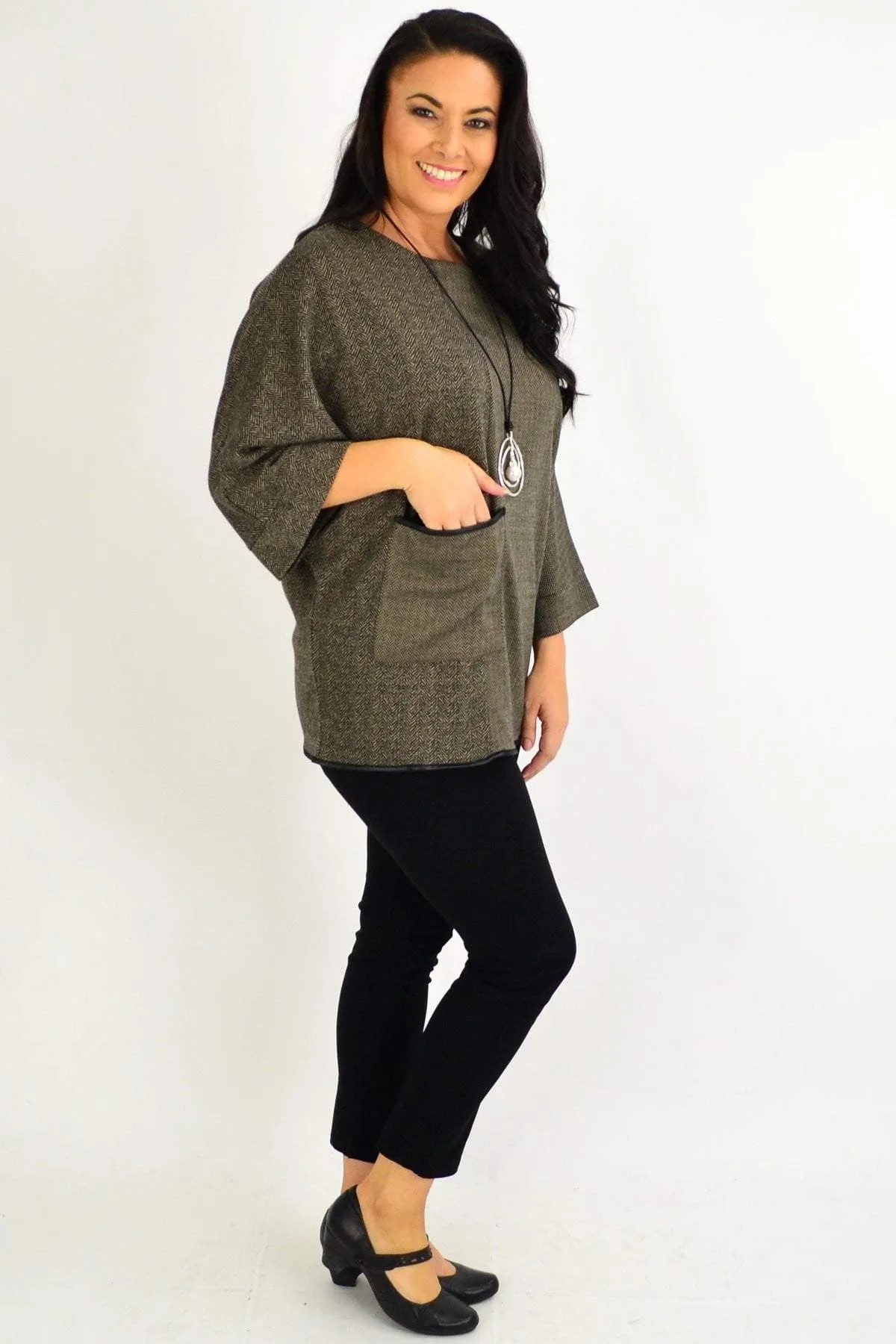 Brown Wide Sleeve Pocket Tunic Top