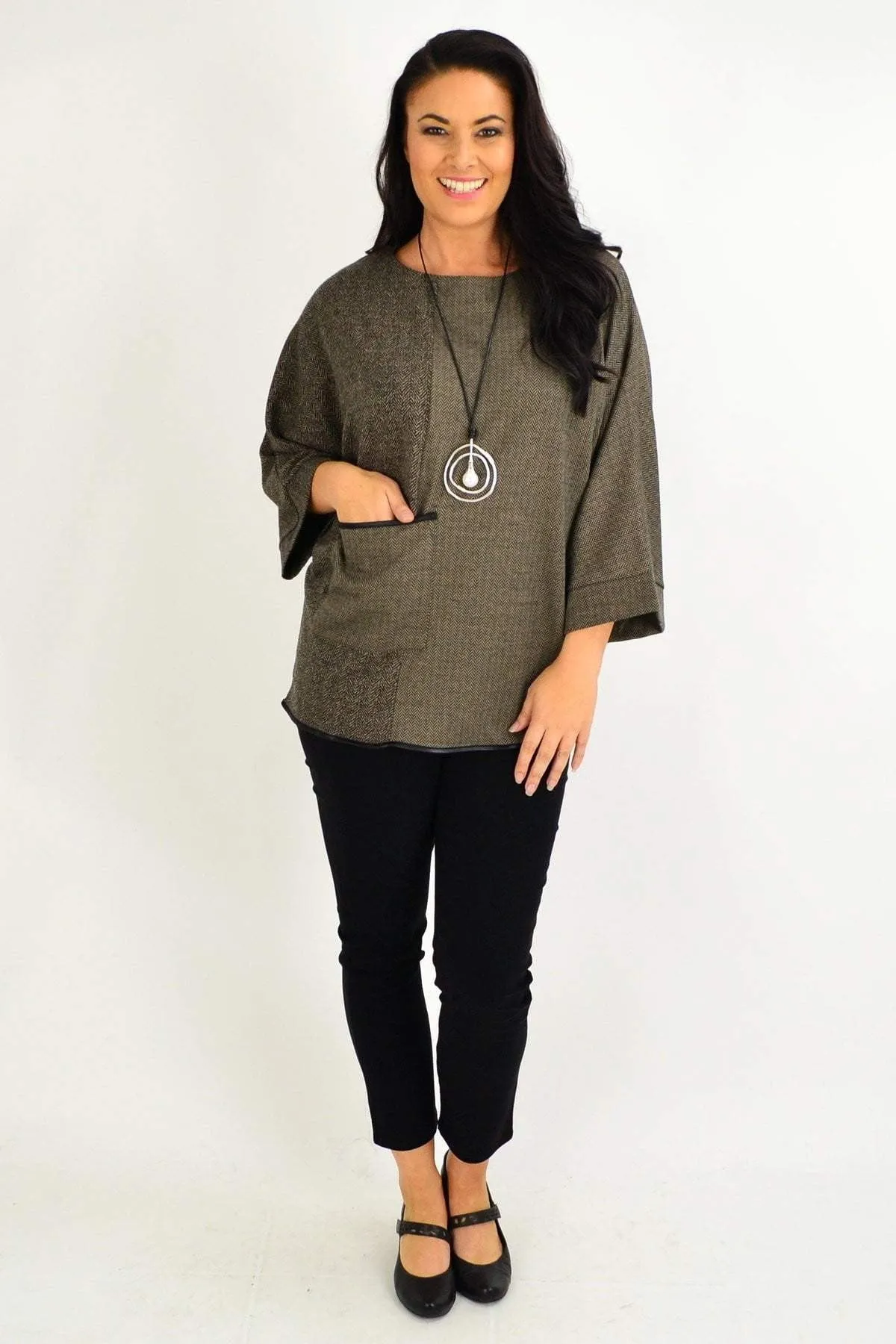 Brown Wide Sleeve Pocket Tunic Top