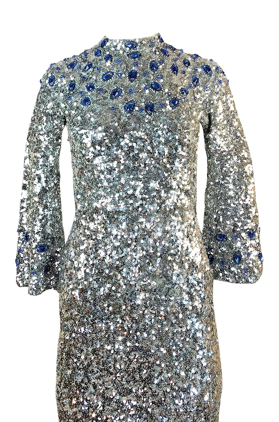 c.1967 Gene Shelly Blue Crystal & Silver Sequin Stretch Knit Dress