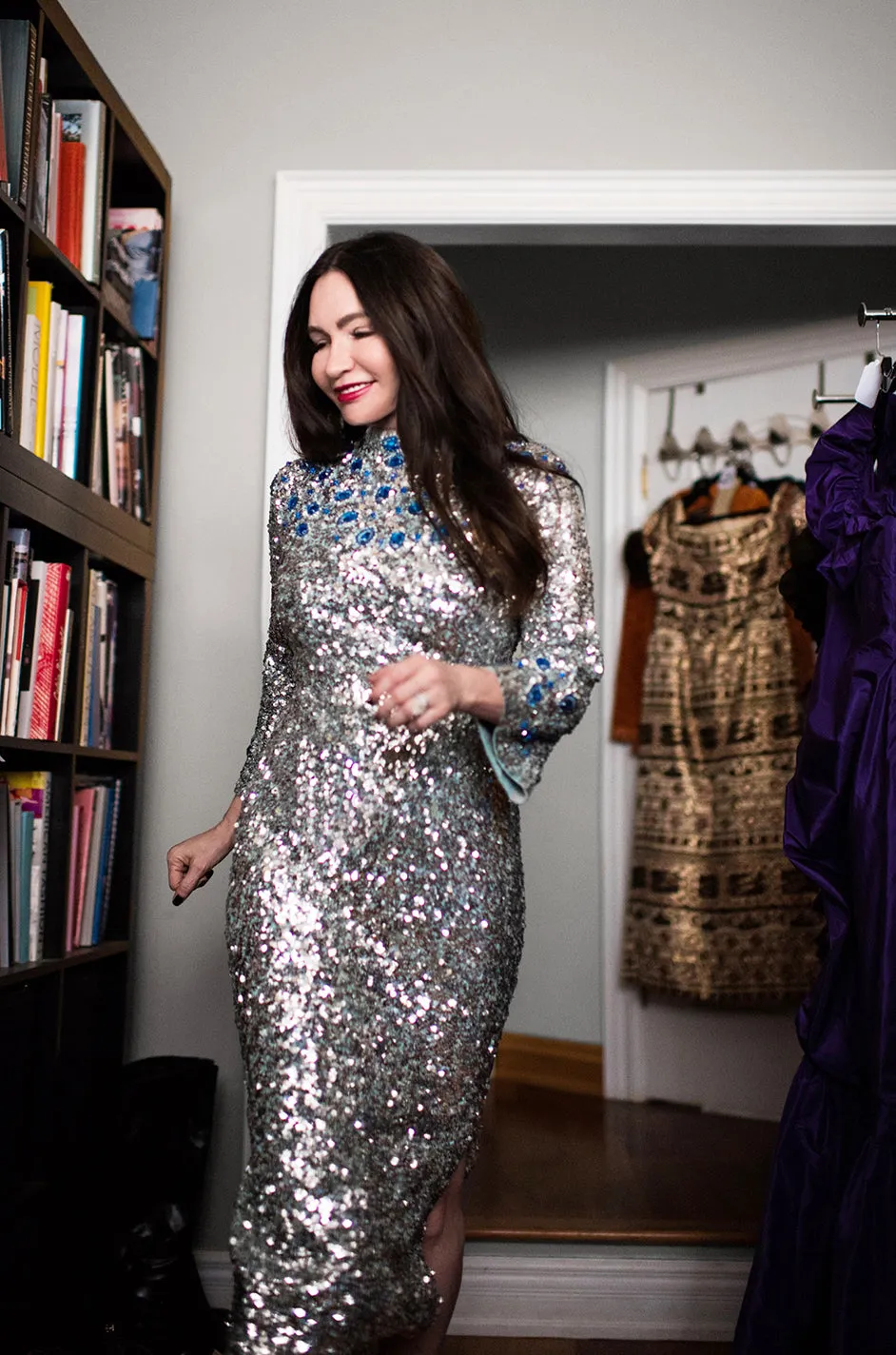 c.1967 Gene Shelly Blue Crystal & Silver Sequin Stretch Knit Dress