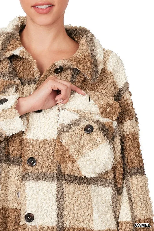 Sherpa Plaid Shacket With Pockets